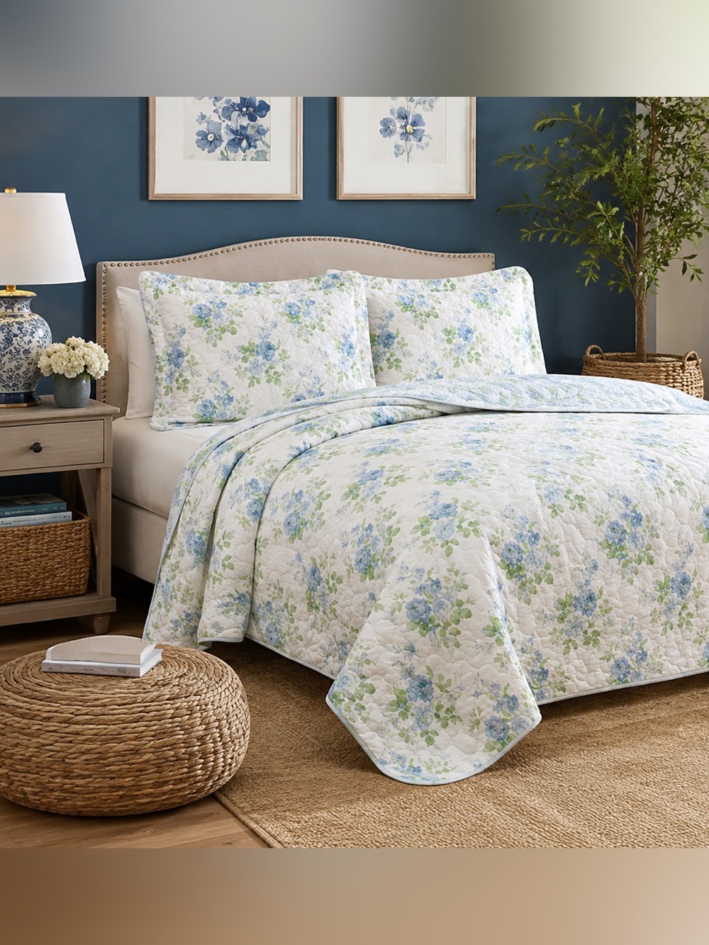 Laura Ashley King Blue Green Floral Reversible Cotton Quilt Set NWT